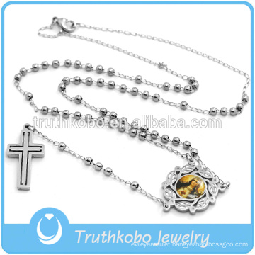 316 Stainless Steel Hollow Cross 3MM Bead Rosary Alibaba Wholesale Saint Jesus Sacred Heart Rosary Necklace for Christian